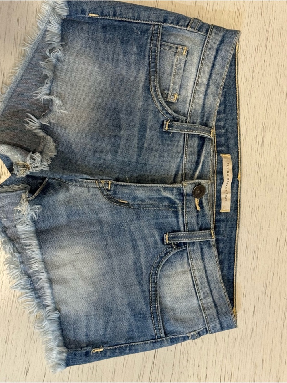 Flying Monkey Distressed Frayed Hem Denim Shorts - Blue